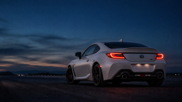 Editorial image of a Toyota GR86 at dusk, seen from the rear three-quarter angle with the Toyota emblem and illuminated tail lights