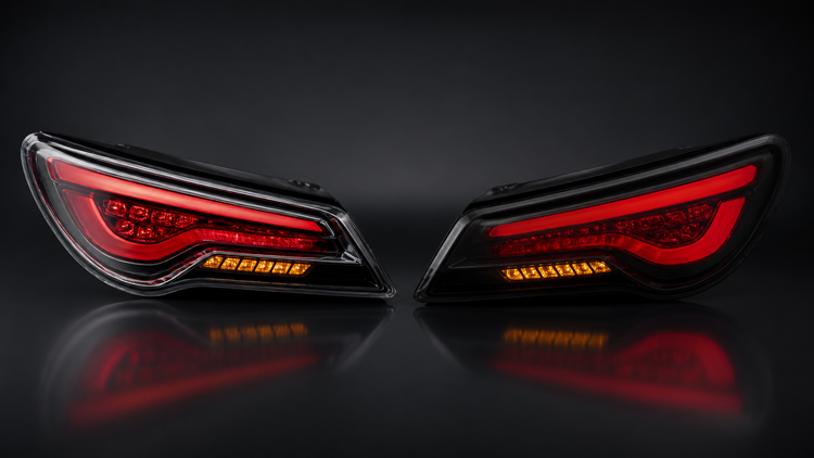 Editorial illustration comparing clear-lens and smoked-lens sports-coupe tail-light assemblies