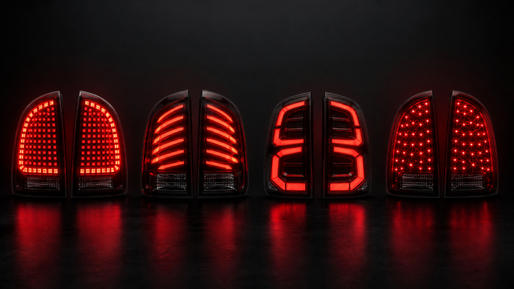 Editorial comparison illustration of four generic red LED tail-light design concepts: digital, fishbone, angular, and star-pattern