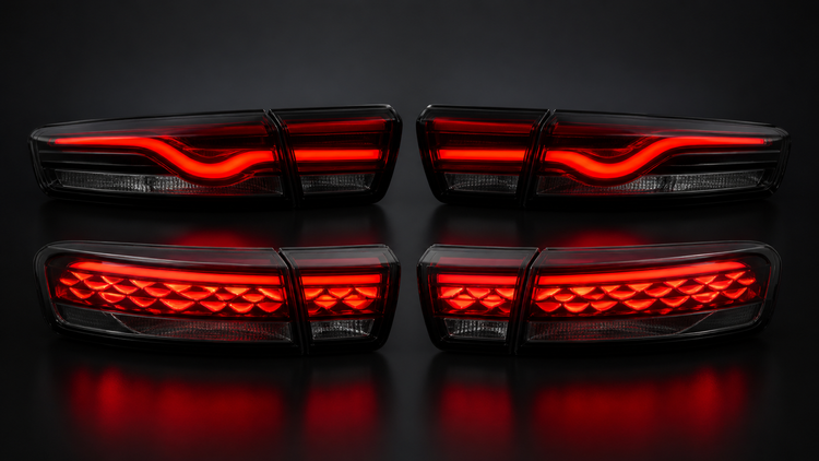 Editorial illustration comparing flowing-line and scale-pattern sedan tail-light assemblies
