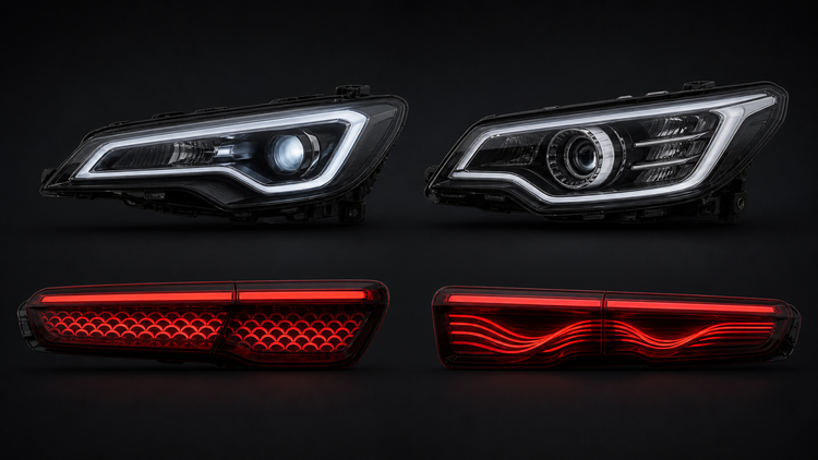 Editorial illustration comparing two headlight concepts and two red LED tail-light patterns
