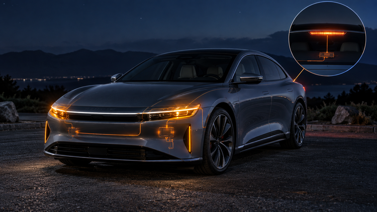 Original editorial illustration of a generic electric sedan with exterior-lighting circuit protection highlighted