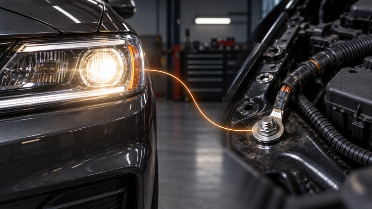 Original editorial illustration of a generic headlamp beside an engine-bay ground connection