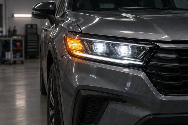 Original editorial illustration of a generic unbranded SUV front corner with an amber turn signal