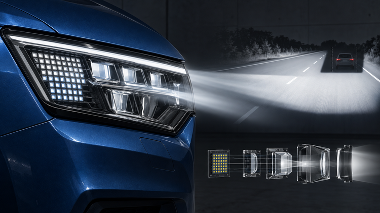 Original editorial illustration of a generic micro-LED matrix headlamp and adaptive beam distribution