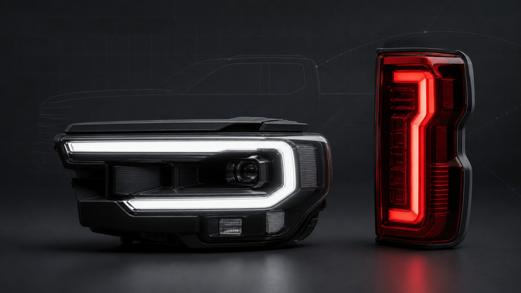 Original editorial illustration of a generic LED headlamp module beside a vertical red LED taillamp module