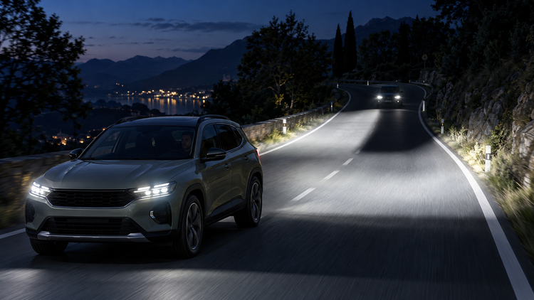 Original editorial illustration of a generic compact crossover using an adaptive segmented headlight beam