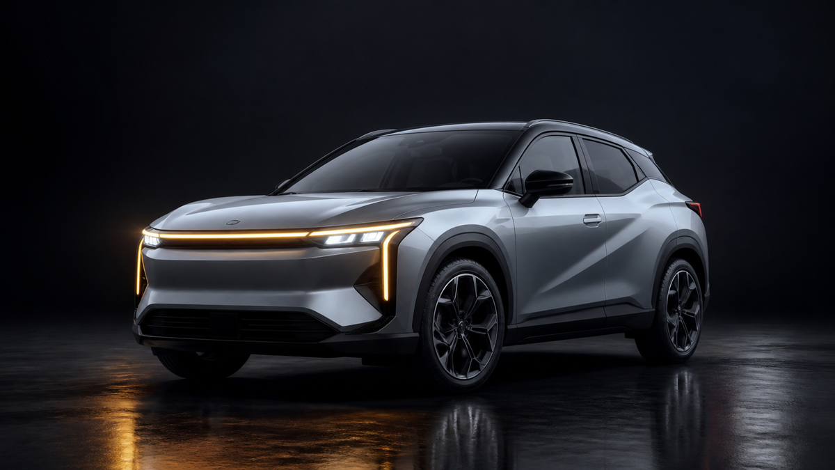 Editorial illustration of a badge-free compact crossover with geometric amber and white running lights