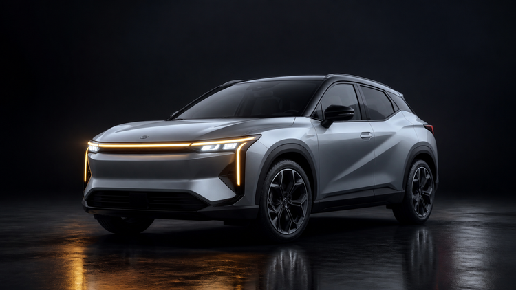 Editorial illustration of a badge-free compact crossover with geometric amber and white running lights