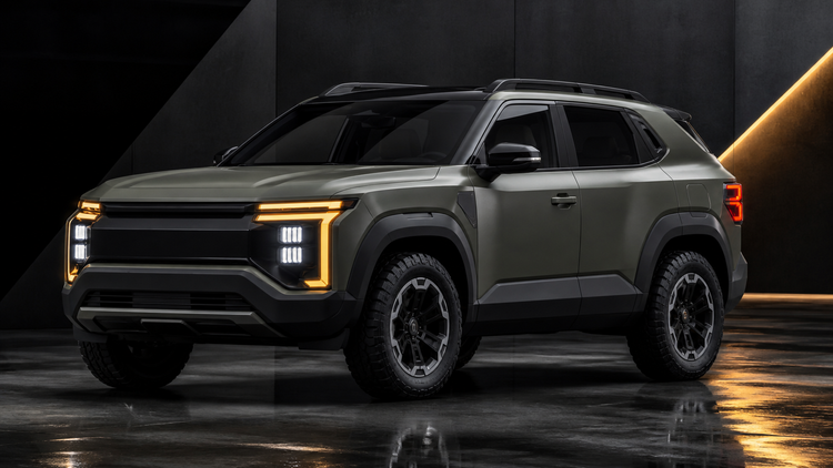 Editorial illustration of a badge-free compact SUV with stacked LED projectors and amber geometric running lights