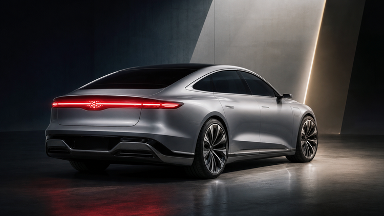 Editorial illustration of a badge-free luxury electric sedan with a wraparound LED taillamp