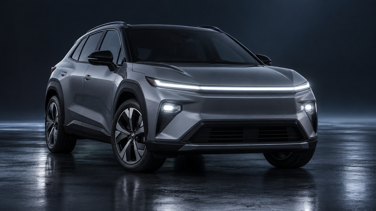 Original editorial illustration of a generic electric crossover with a full-width LED light bar and separate headlamp modules