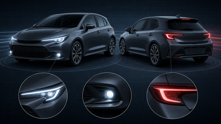 Editorial illustration of generic compact hatchback LED headlamps, fog lamps, and diffusing-lens taillamps