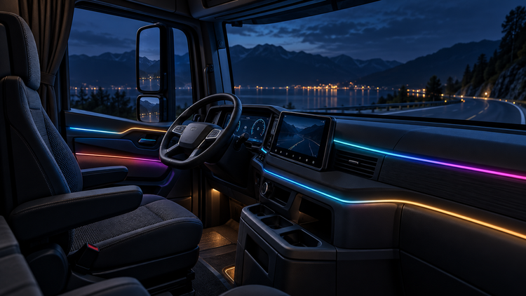 Original editorial illustration of a generic commercial truck cab with integrated RGB light bands
