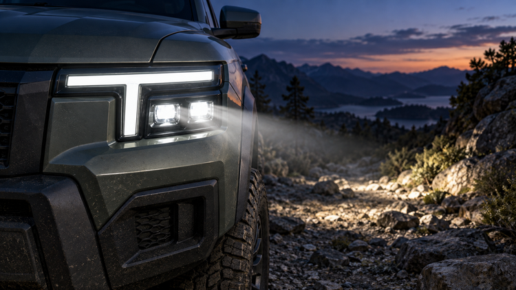 Original editorial illustration of a generic rugged SUV with T-shaped LED headlamp lighting a rocky trail