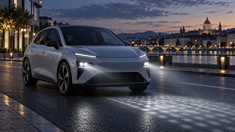 Original editorial illustration of a generic compact electric car with separated daytime running lights and matrix headlamps