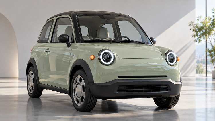 Editorial illustration of a generic compact electric car with separate round LED headlamps