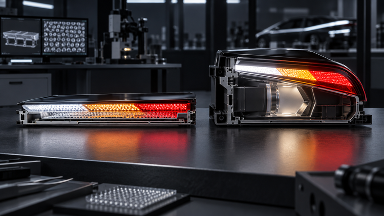 Original editorial illustration comparing a generic ultra-thin micro-optic signal-light module with a deeper conventional lamp