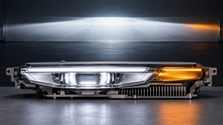 Editorial illustration of a generic ultra-thin automotive headlamp module with white and amber lighting zones