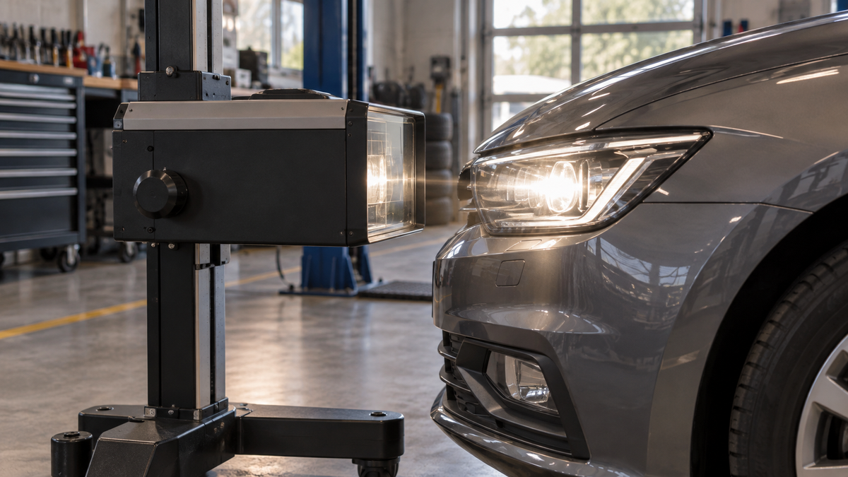 Original editorial illustration of a generic car headlamp beside an optical alignment device in a workshop