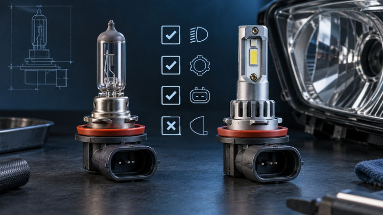 Original editorial illustration comparing generic H11-style halogen and LED retrofit bulb forms beside a headlamp