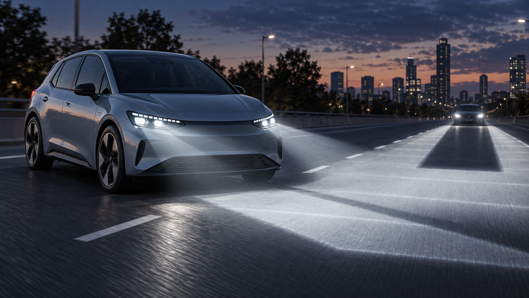 Original editorial illustration of a generic electric hatchback with pixel lights and a segmented adaptive beam