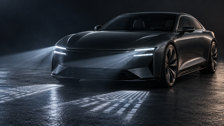Editorial illustration of a generic luxury electric GT demonstrating four slim LED lamps and HD road projection