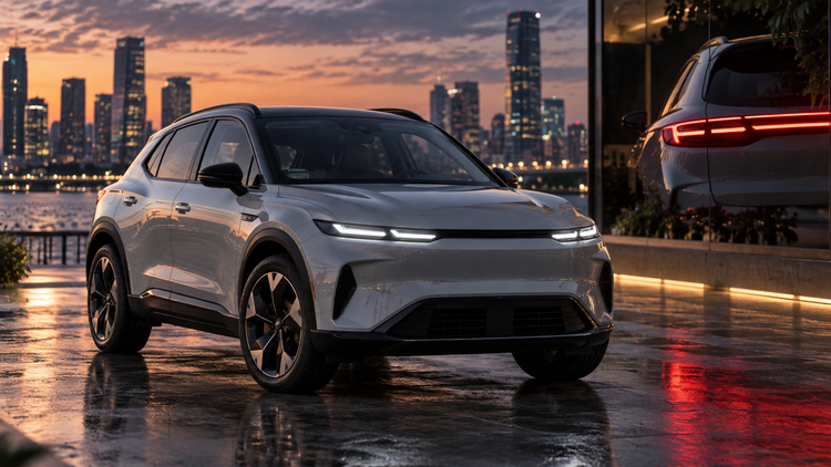 Original editorial illustration of a generic compact electric crossover with segmented front and coordinated rear LED signatures