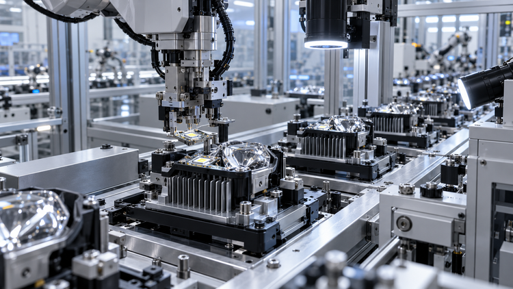 Original editorial illustration of a generic automated production line assembling automotive LED lighting modules