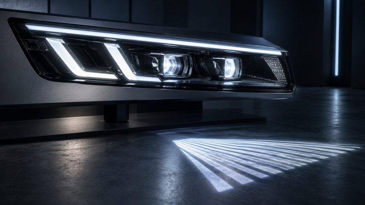 Original editorial illustration of a generic lighting test fascia with geometric LED elements and a ground projection