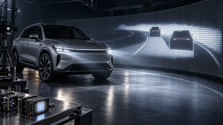 Original editorial illustration of a generic luxury electric SUV demonstrating a pixelated adaptive beam