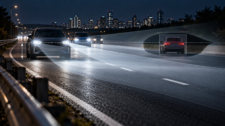 Editorial illustration of headlight beam aim, glare zones and adaptive lighting on a night highway