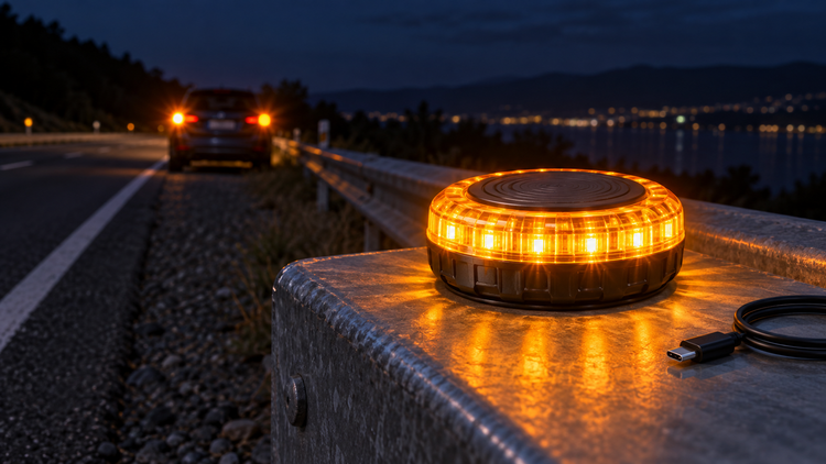 Original editorial illustration of a generic rechargeable amber roadside warning beacon beside a parked car at night