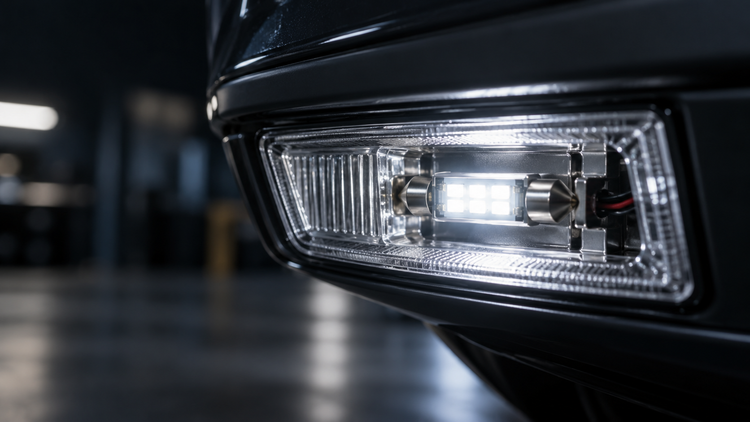 Original editorial illustration of a generic vehicle auxiliary lamp using a compact C5W-style LED bulb