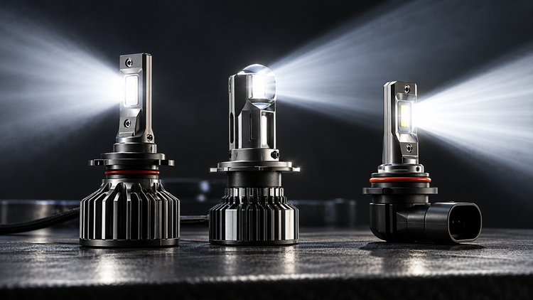 Editorial illustration of three generic LED retrofit lamp form factors on a studio workbench