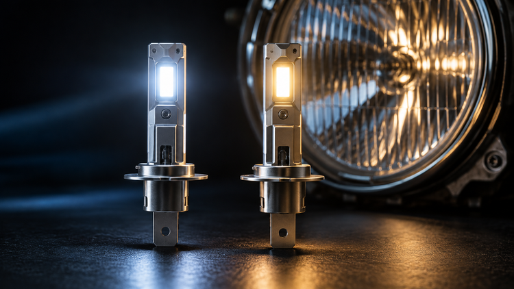 Original editorial illustration of cool-white and warm-white generic H1-style LED retrofit lamps
