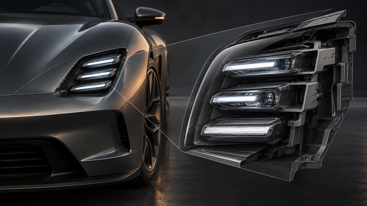Original editorial illustration of a generic sports-car corner beside a three-tier LED headlight cutaway