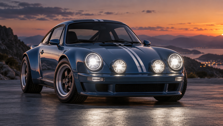 Original editorial illustration of a generic retro electric rally coupe with four round LED lamps