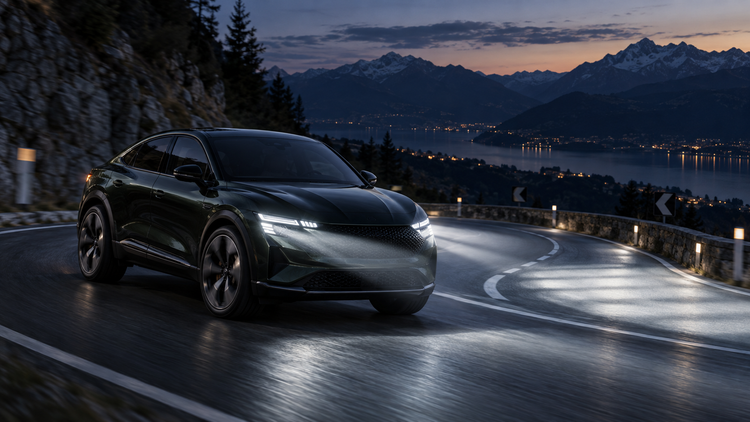 Original editorial illustration of a generic premium fastback crossover demonstrating a segmented matrix LED beam