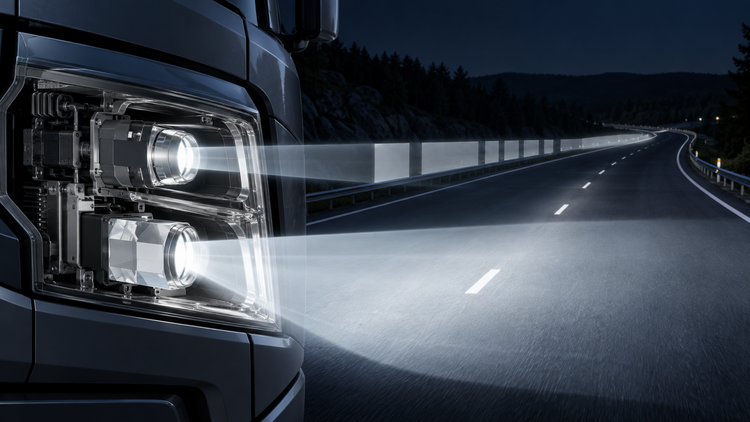 Original editorial illustration of a generic heavy-duty truck headlamp projecting wide low beam and segmented high beam