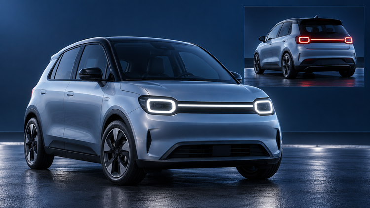 Original editorial illustration of a generic compact electric car with linked front and rear light signatures