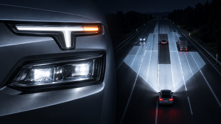 Original editorial illustration of a generic T-shaped daytime running light and segmented matrix headlamp beam