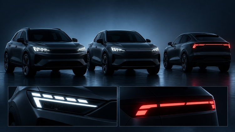 Original editorial illustration of three unbranded compact vehicles with white front lamps and red rear lamps