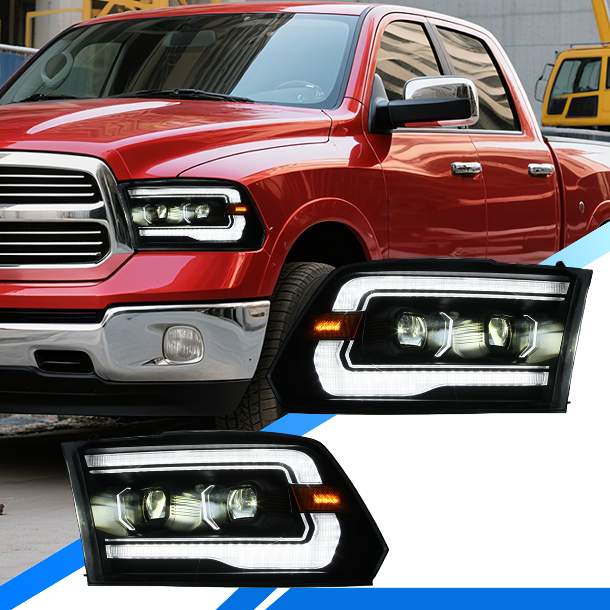 Ram 1500 pickup truck with close-up of headlights on a blue and white background