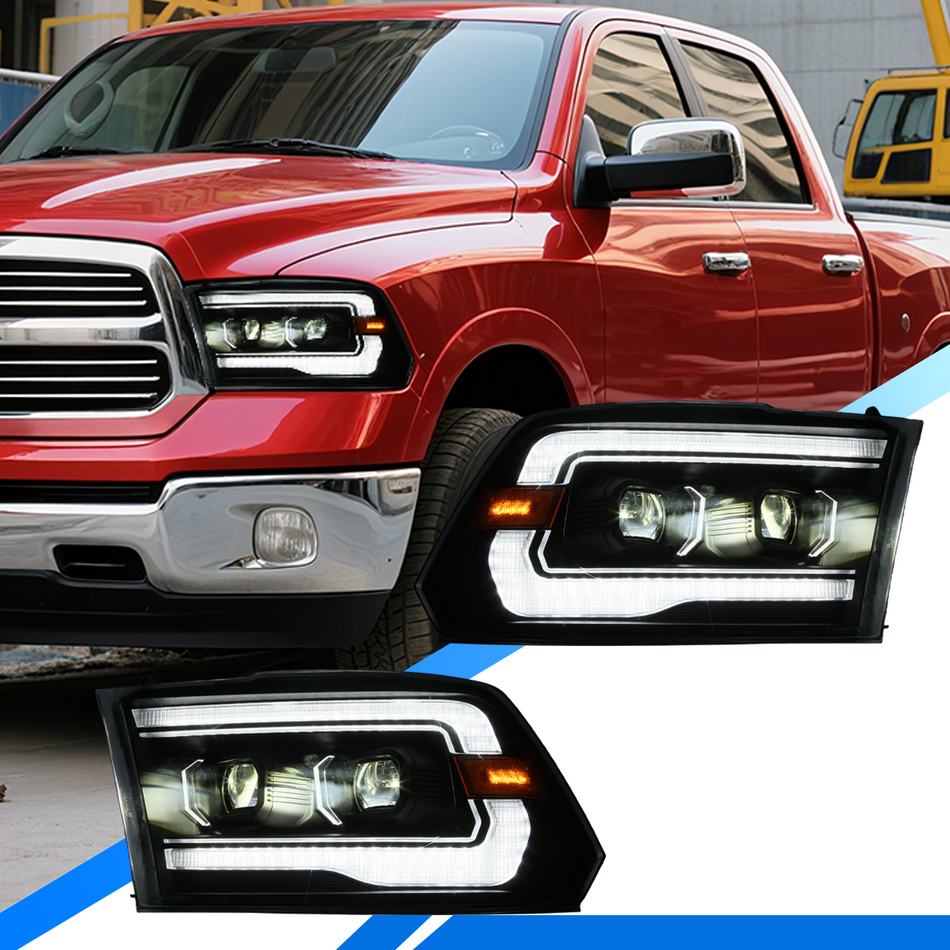 Ram 1500 pickup truck with close-up of headlights on a blue and white background