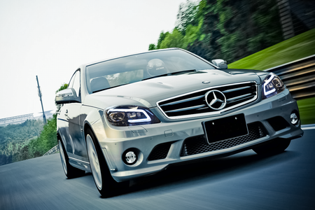 Benz C-class W204 LED headlights light effect in a car on road