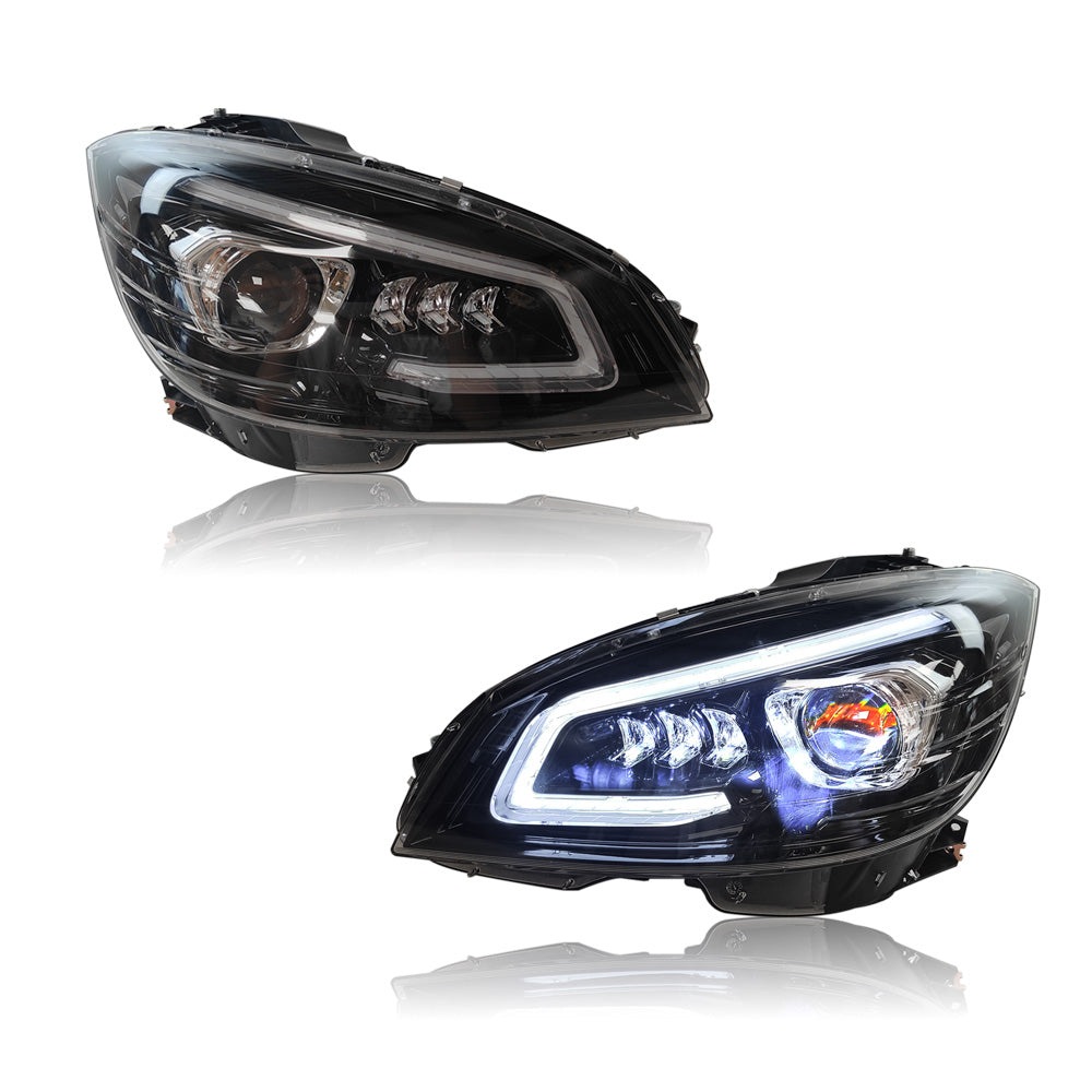 showing Benz C-class led headlights with lights on and off