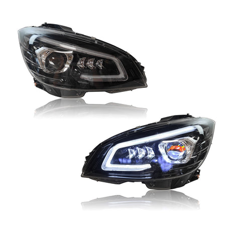showing Benz C-class led headlights with lights on and off